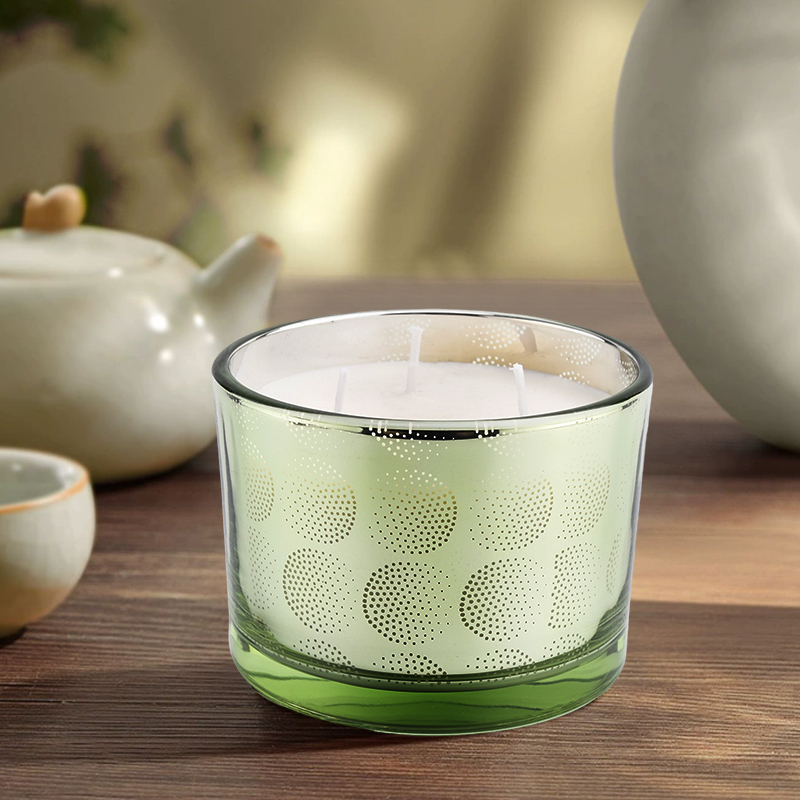 Jarra de vidro grande para velas com processo a laser verde de três núcleos no atacado