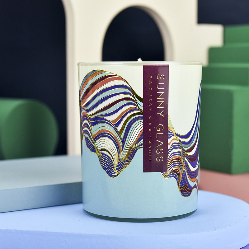 Custom glass candle jar scented candle blue bottom flower pattern decal printing