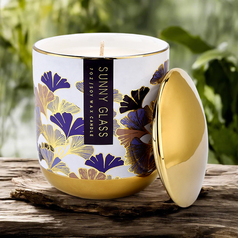 Hurtownia Purple Ginkgo Leaf Ceramic Candle Słoik ze złotą pokrywką