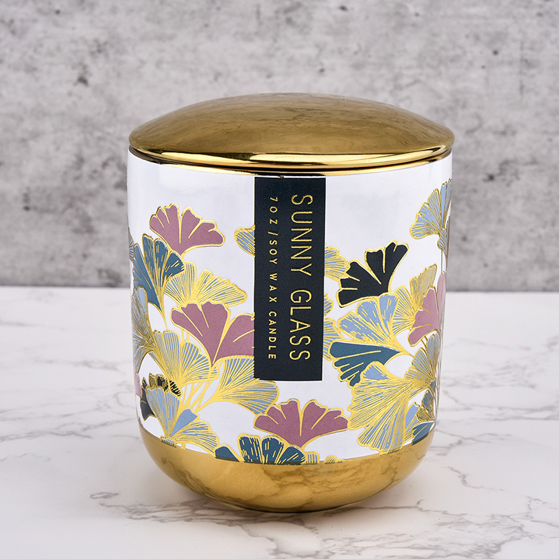 Jarra de vela de cerâmica de fundo de ouro de cor personalizada com atacadista de tampa