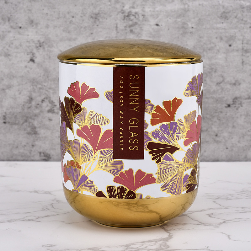 Fábrica directa Red Gingko Leaf Gold Bottom Ceramic Vandel con tapa