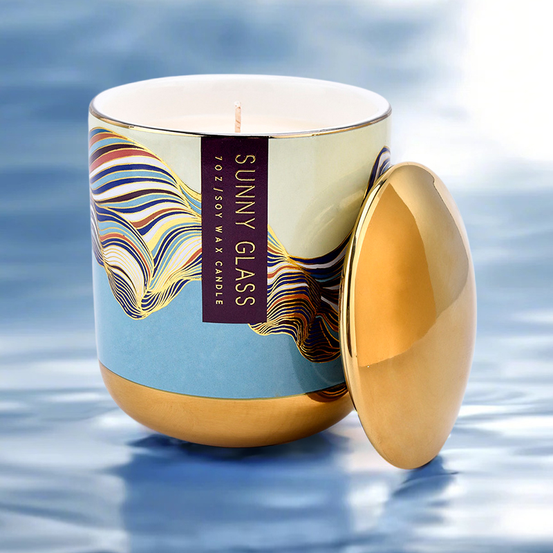 Jarros de vela de cerâmica decalques de colorido por atacado Tampa de ouro para presentes em família