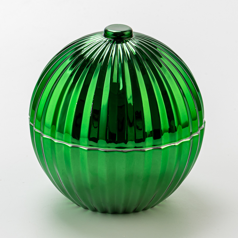 Luxury Green Textured Ball Shape Glass Candle Jar with Lid Decorative Candle Holder