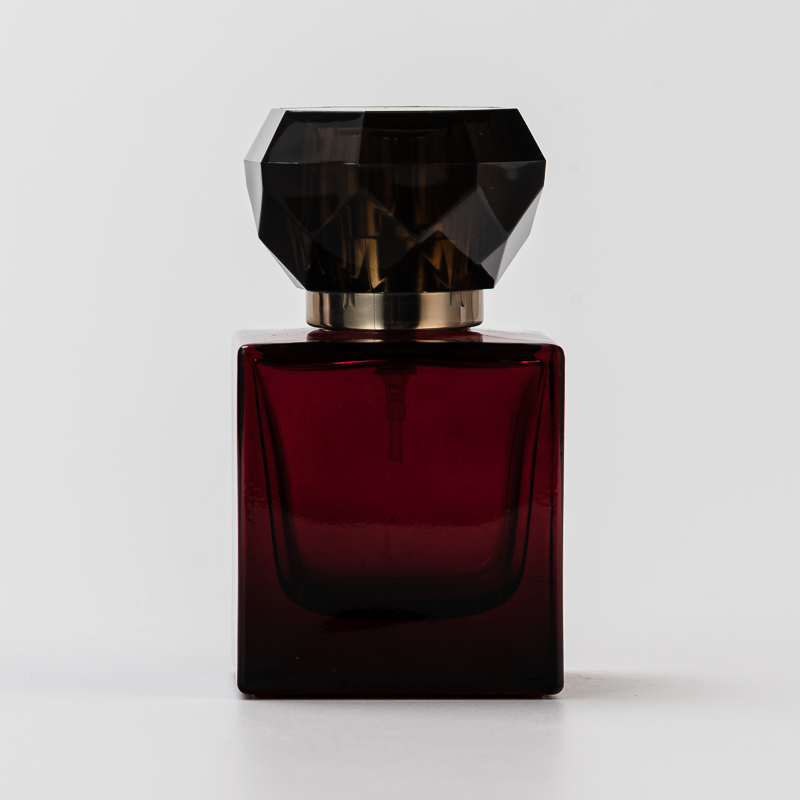 Venda por atacado de frasco de perfume de vidro quadrado vermelho escuro luxuoso com tampa exclusiva