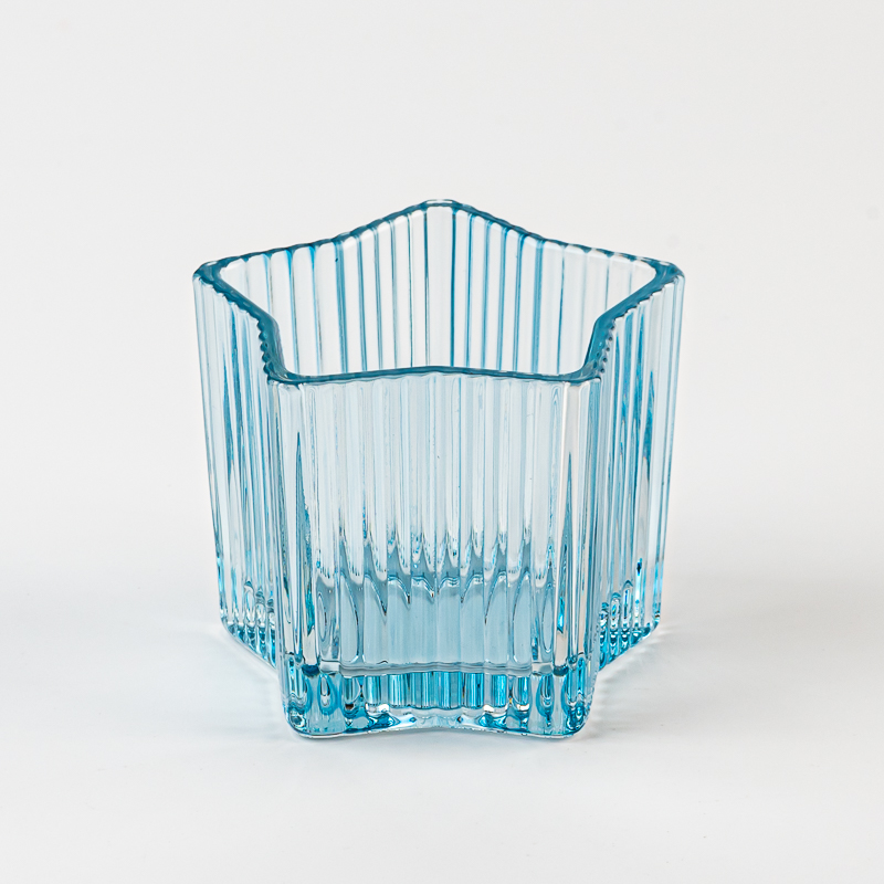 Popular Design Stripe Decor Light Blue Glass Candle Jar for Scented Candle