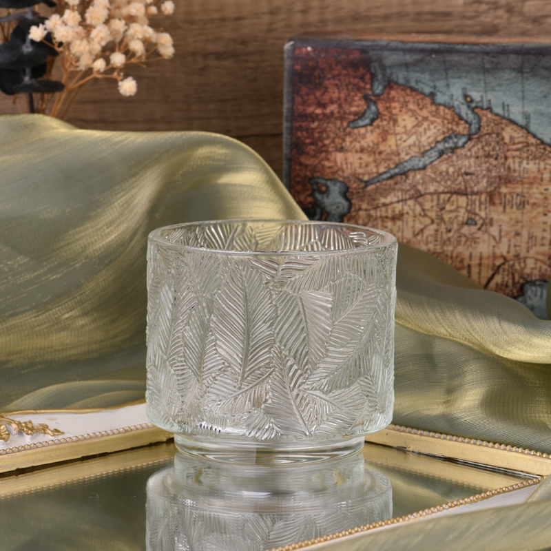 Tarro de vela con recipiente de vidrio de 455 ml con patrón en relieve de hoja premium