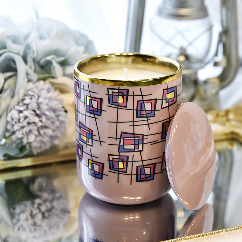 Luxury Custom Geometric Dream Gilded Ceramic Candle Jar with Lid