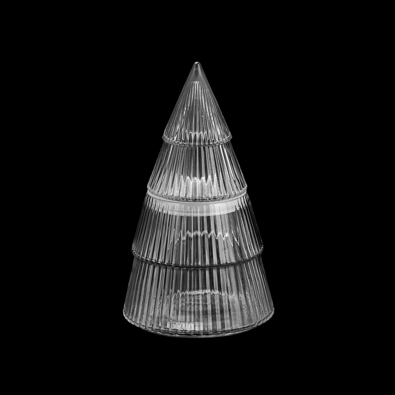 Festive Christmas Tree Shaped Glass Candle Jar with Vertical Stripes Matching Glass Lid for Holiday Scented Candles