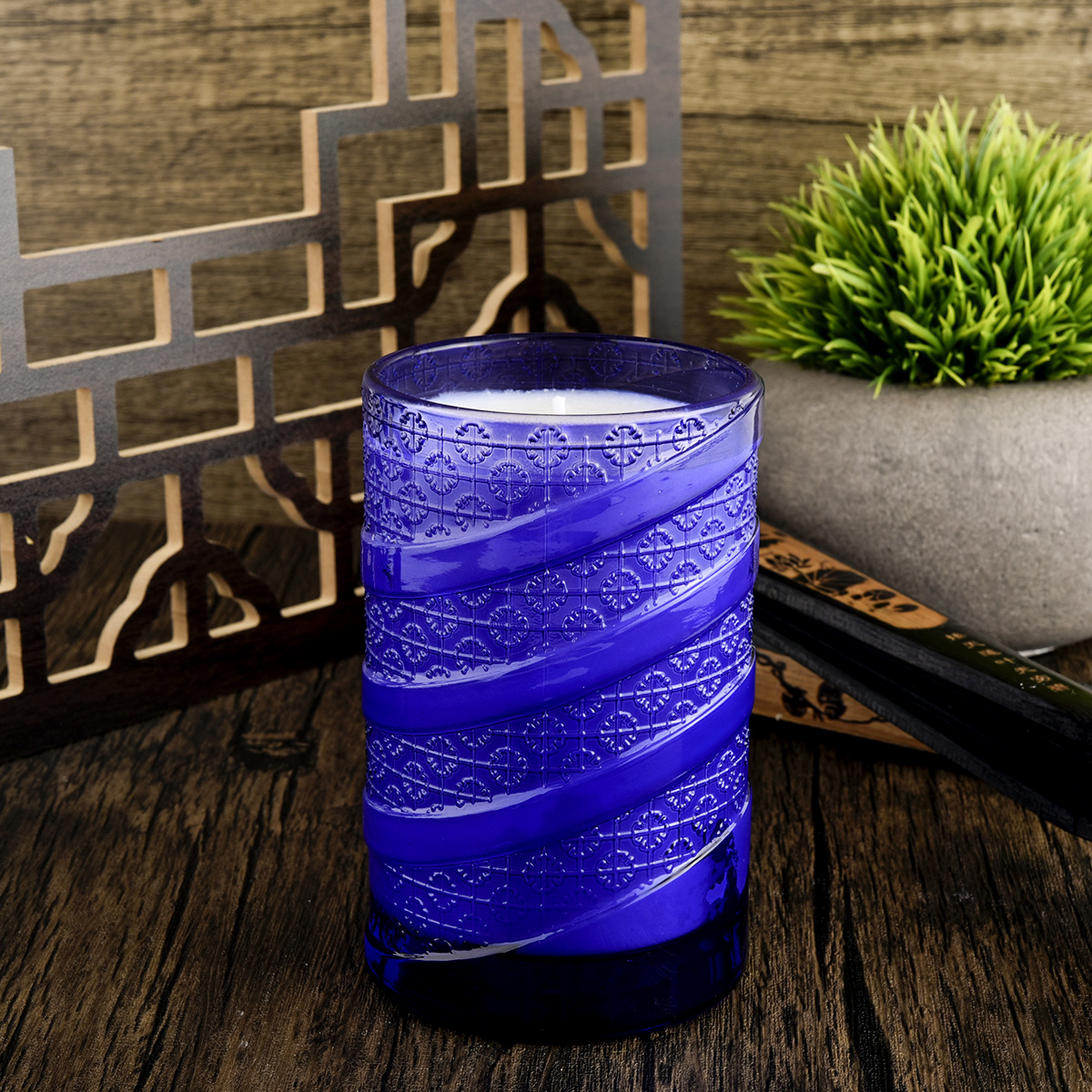 Wholesale Cobalt Blue Spiral Embossed Glass Candle Jars