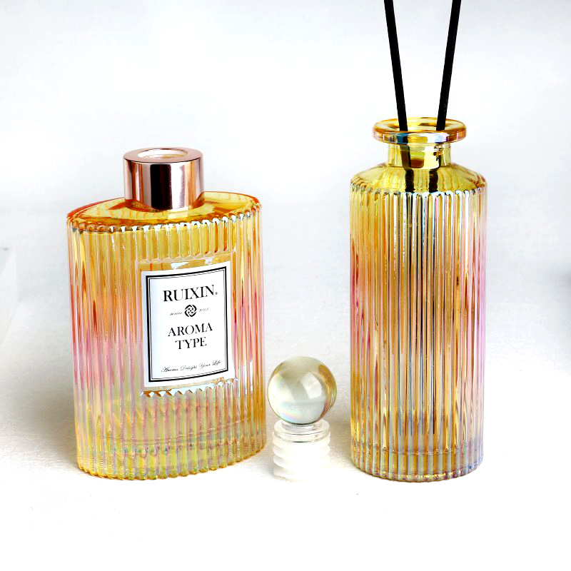 Electroplated Ribbed Pillar Shaped ribbed yellow Glass Diffuser Bottles with Caps