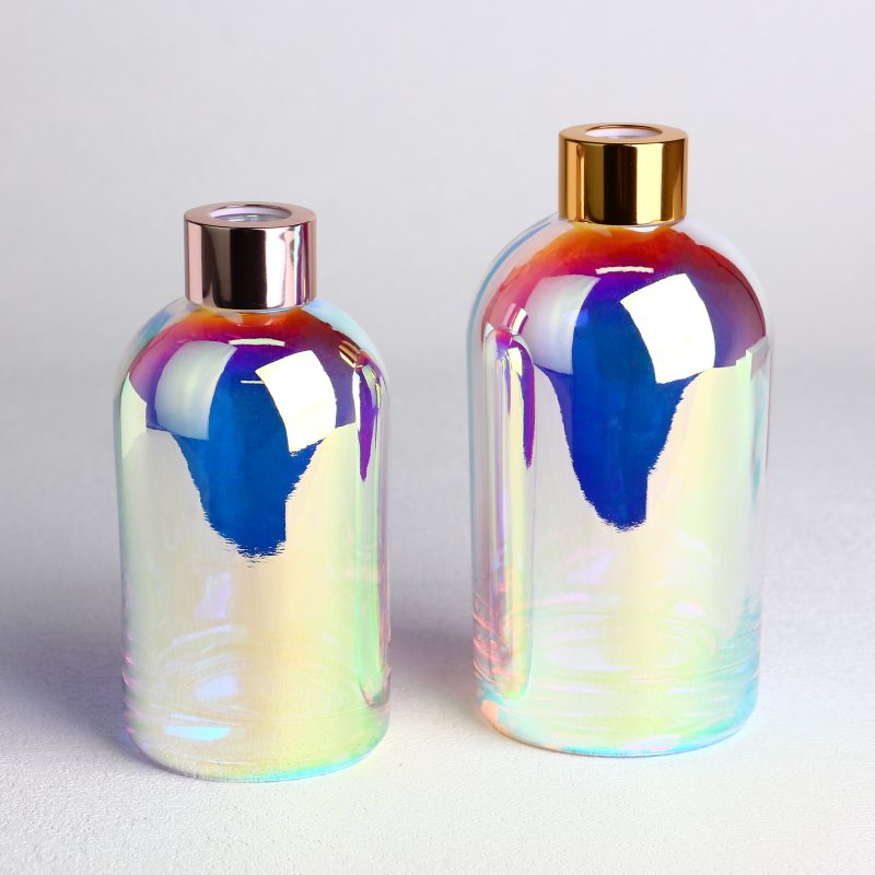 Flacons diffuseurs en verre rond galvanisé avec bouchons et col à vis