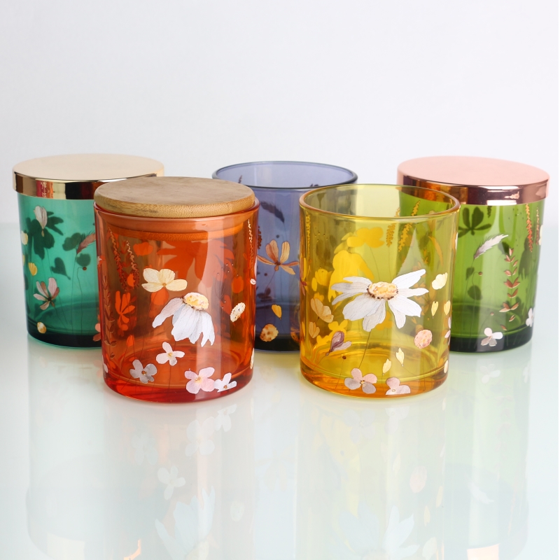 tinted orange yellow green blue cyan candle glass vessels with custom full color decals printed and lid