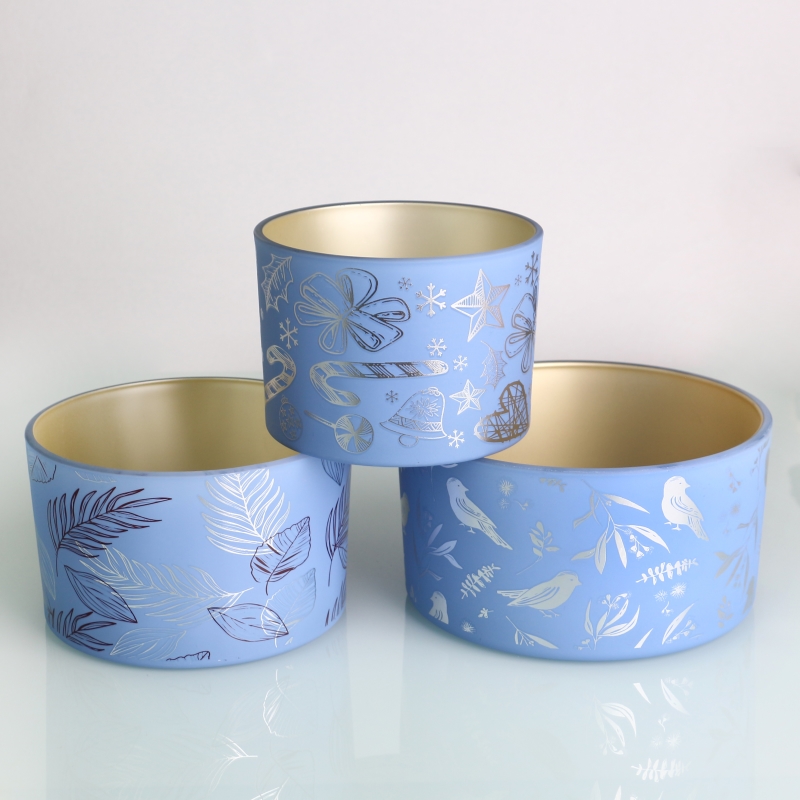 30 oz 3 wick opaque blue candle glass jar pillar wholesale with Wood Lid