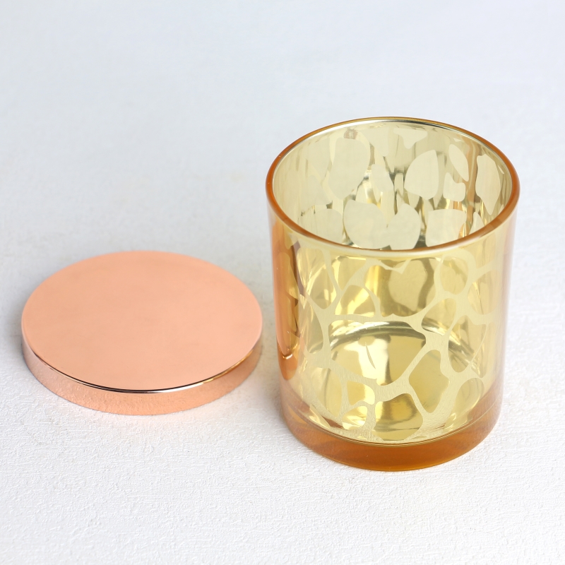 electroplated laser hollow pattern yellow glass candle jar scented candles with golden lid