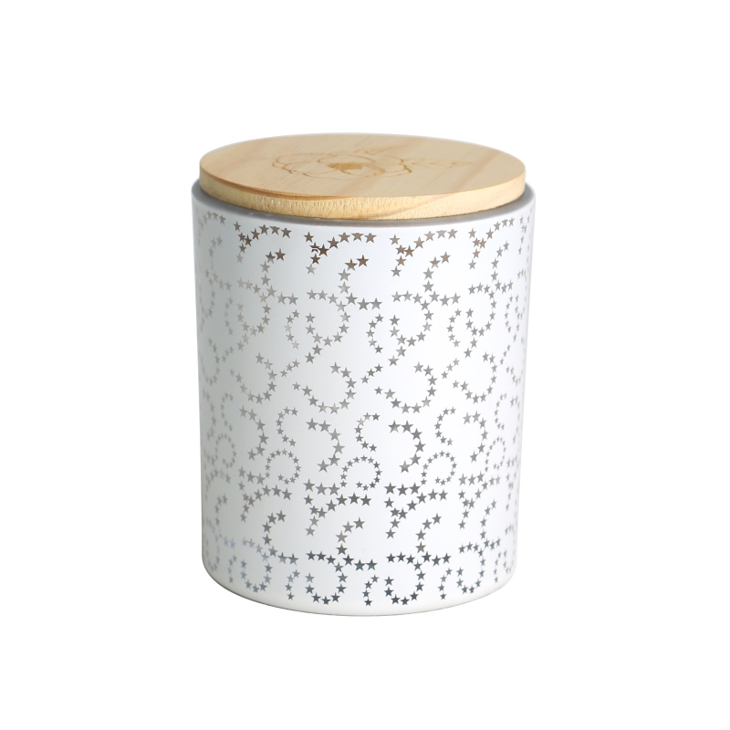 spray color opaque laser hollow pattern white glass candle jar scented candles with wooden lid