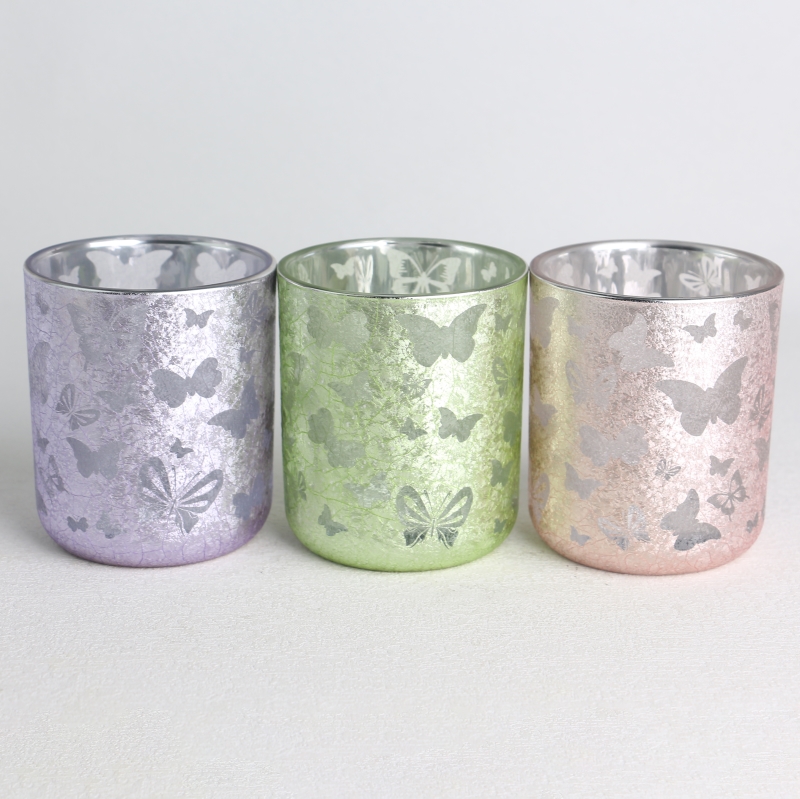 electroplated spray color opaque laser hollow butterflies pattern glass candle jar with lid
