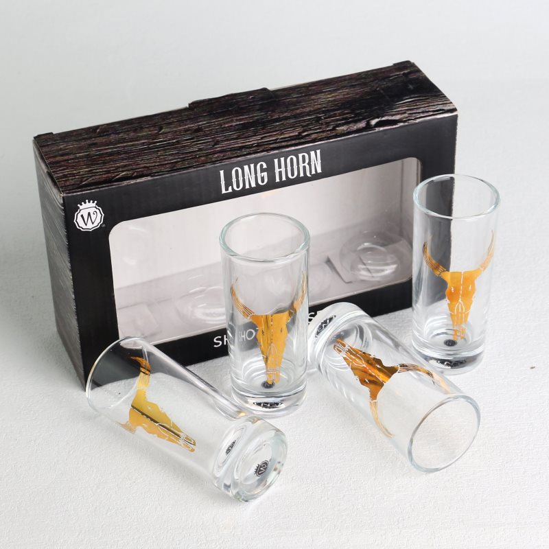 2-Unzen-Schnapsgläser mit individuell bedrucktem goldenem Aufkleber und individuellem, farbig bedrucktem Cartoon-Geschenkbox-Set