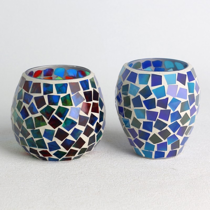 Groothandel Glass Donkerblauwe mozaïekoppervlak kaarsenpot set