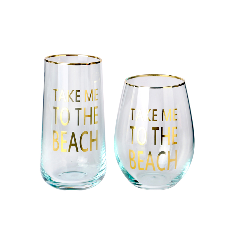 light blue golden rim and gold stamping decal water highball glass cup cocktail glass tumbler set
