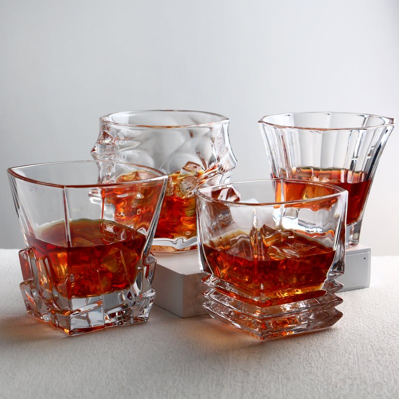 수제 리드 리드 프리 크리스탈 무거운 하단 위스키 유리 세트 4