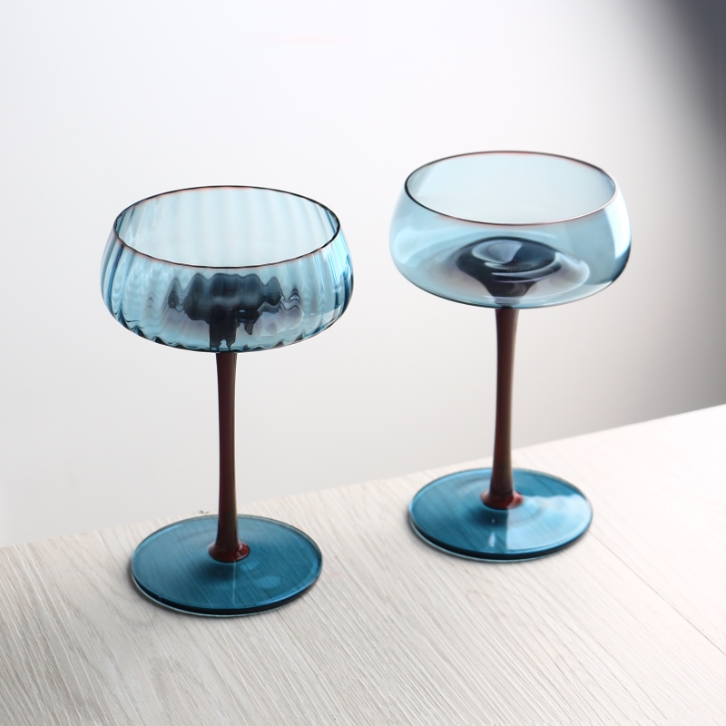 Cobalt Blue Rippes Coupé Cocktail Champagner -Turmglas Set von 2