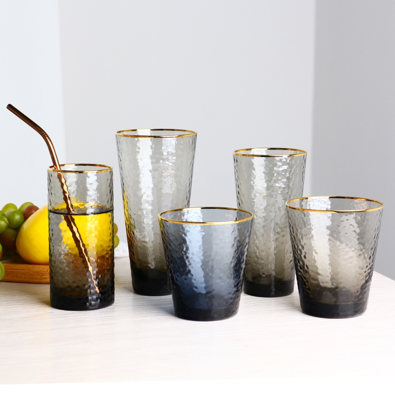 Colored deep grey and blue gold rim hammer highball glass cup cocktail glass tumbler set of 5