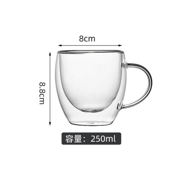 Tasse à café en verre à double paroi de 250 ml et 8 oz avec poignée. Usine source. Prêt à expédier