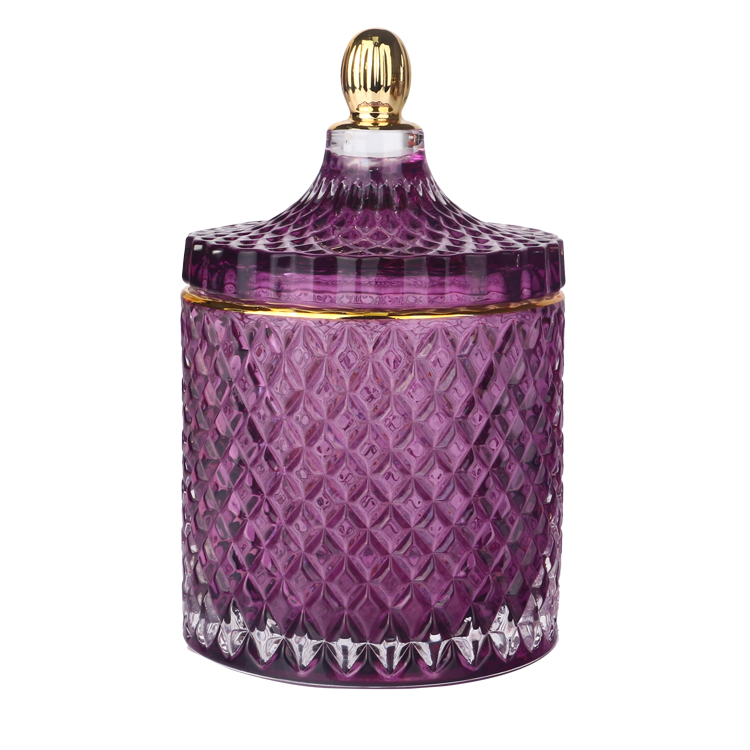 3oz 8oz 16oz colored transparent purple inside glass candle jar with electroplated gold tip lid