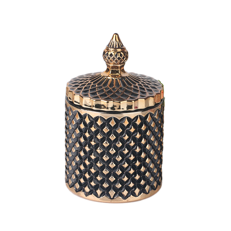 Frasco de vela de vidro preto colorido galvanizado de 3 onças, 8 onças e 16 onças com tampa de ponta dourada