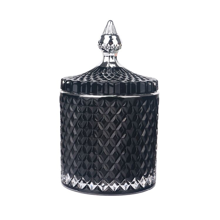 3oz, 8oz, 16oz black colored interior geometric cut glass candle holder with silver lace lid