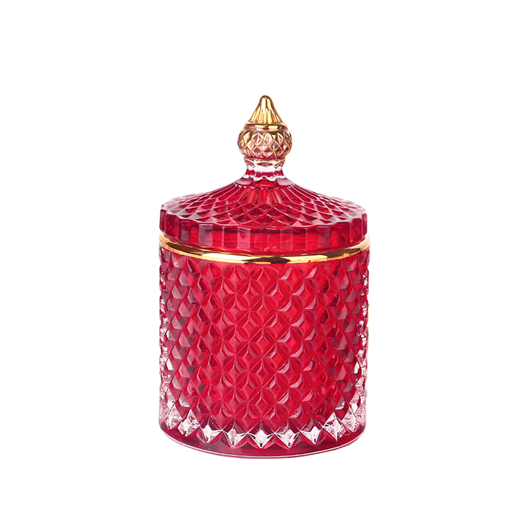 3oz 8oz 16oz colored red geo cut glass candle jar with gold tip lid