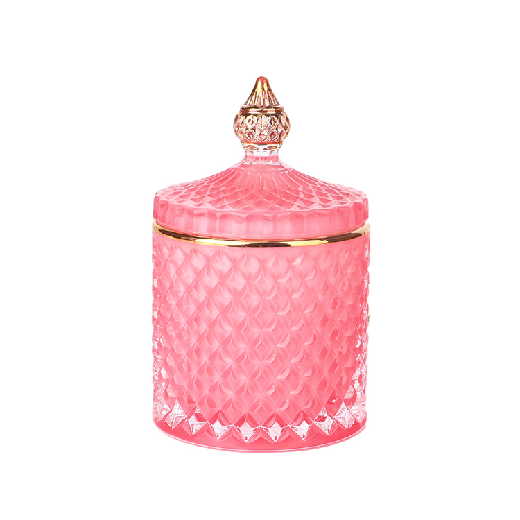 3oz 8oz 16oz colored pink geo cut glass candle jar with gold tip lid