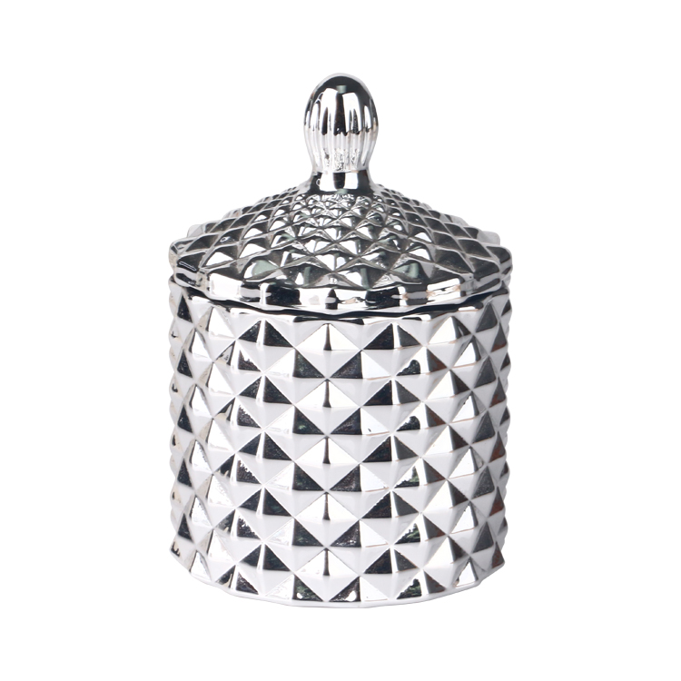 Frasco de vela de vidro pequeno com corte geo de prata galvanizada de 3 onças e 115 ml com tampa