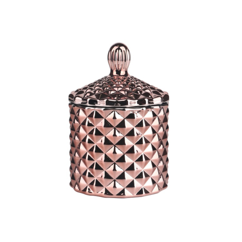 Tarro de vela de vidrio de tamaño pequeño con corte geométrico de oro rosa galvanizado de 3oz y 115ml con tapa
