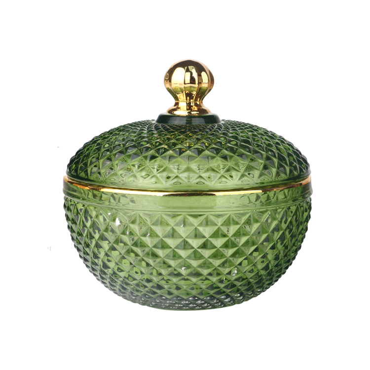 4oz 10oz gekleurde transparante olijfgroene geogeslepen diamant gefacetteerde glazen kaarspot met gouden puntdeksel