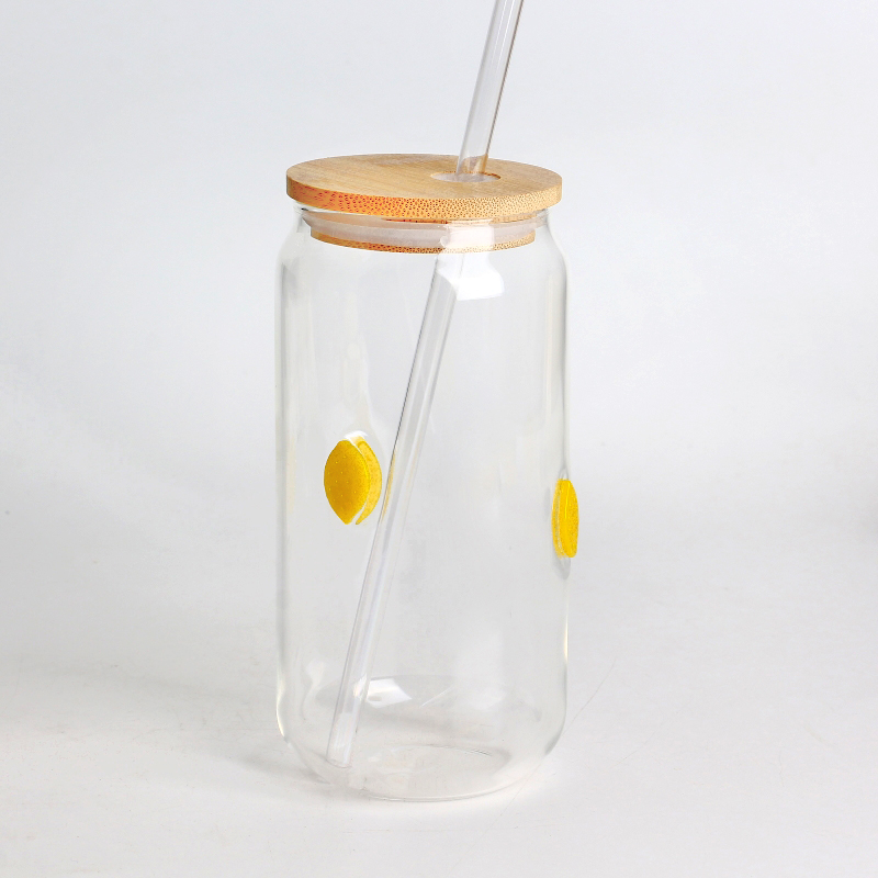 Bicchiere in vetro riutilizzabile ecologico trasparente con intarsio 3D, decorazione al limone, 16 once, 500 ml, con coperchio in bambù, per frullati