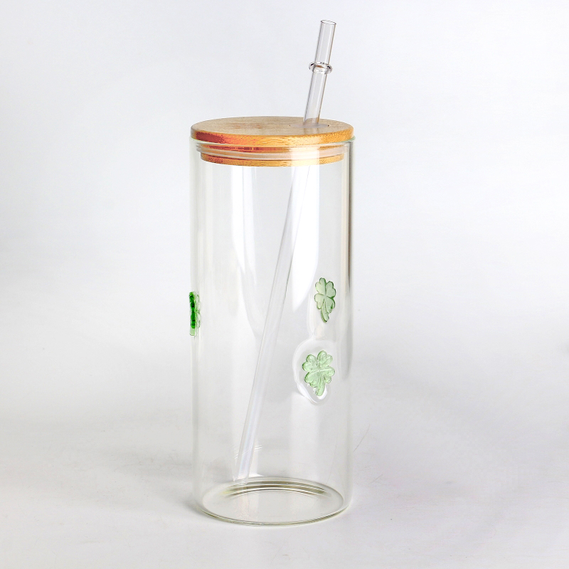 Bicchiere in vetro trasparente da 20 once con coperchio in bambù, frullato ecologico riutilizzabile e tazza di caffè