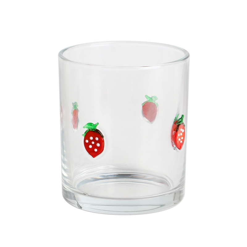 Aangepaste 10oz 12oz Clear Inlay Strawberry Decor Candle Jar Luxe lege glazen container met metalen deksel
