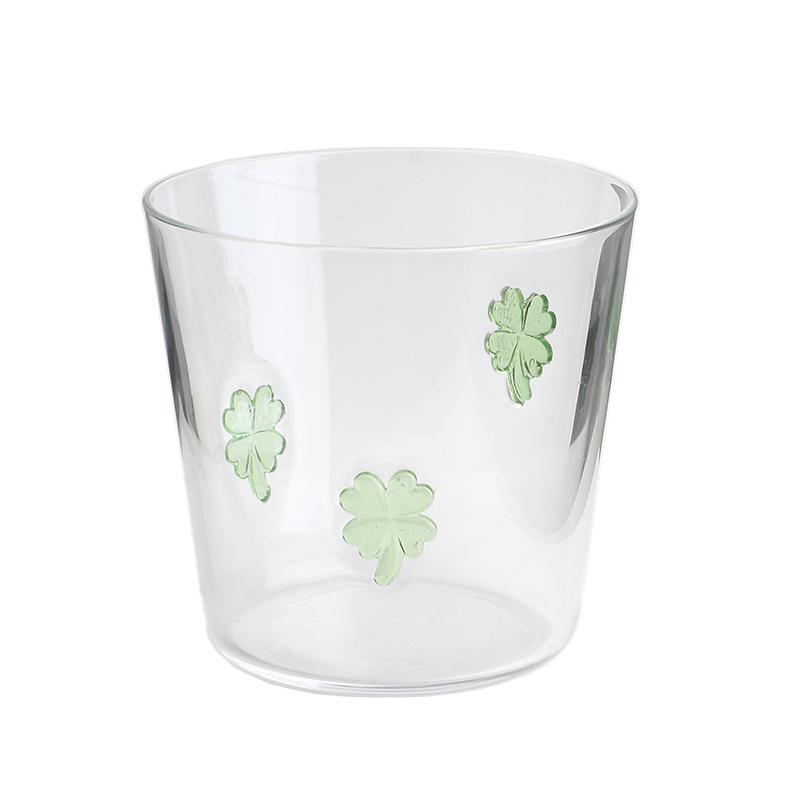 Tazza per bicchiere in vetro borosilicato alto 300 ml con design personalizzato intarsiato a forma di trifoglio 3D soffiato a mano