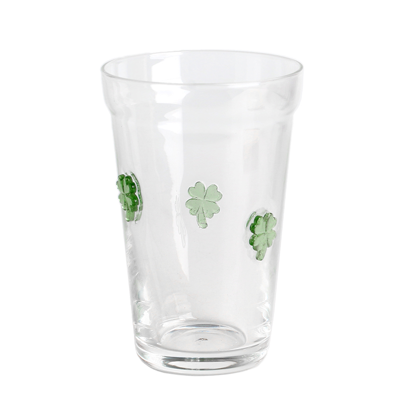 Handgefertigter klarer 12 -Unzen -Biergetränkglasglas Becher mit Clover 3D -Inlay -Dekoration