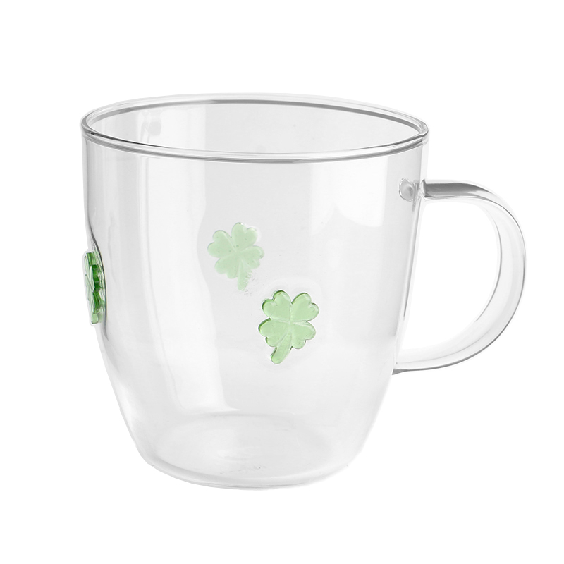 Tazza da caffè in borosilicato alta con decorazione a trifoglio soffiato a mano da 500 ml con manico