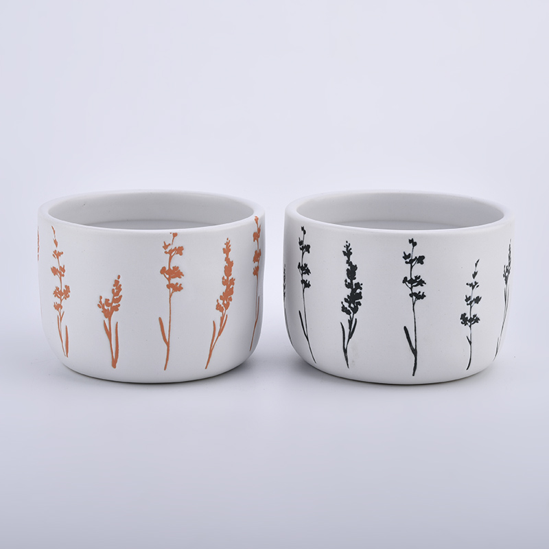 12OZ,14OZ ,16OZ glazed white with black flower on the ceramic candle vessle from Sunny Glassware