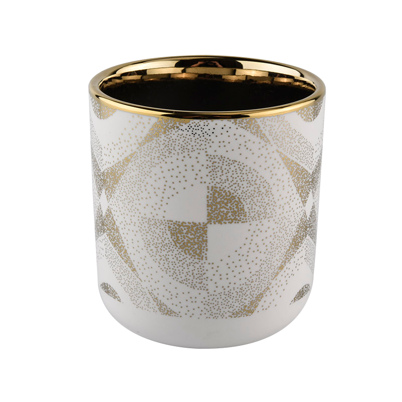 400ml white ceramic candle holder with gold pattern