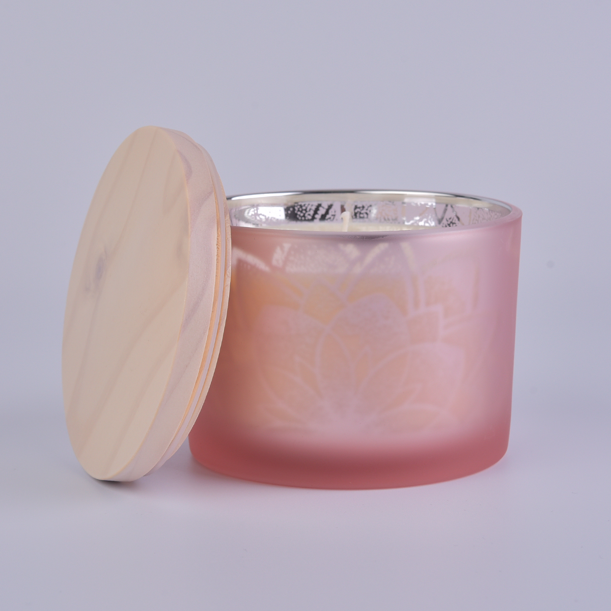 pink glass candle jar with wooden lid