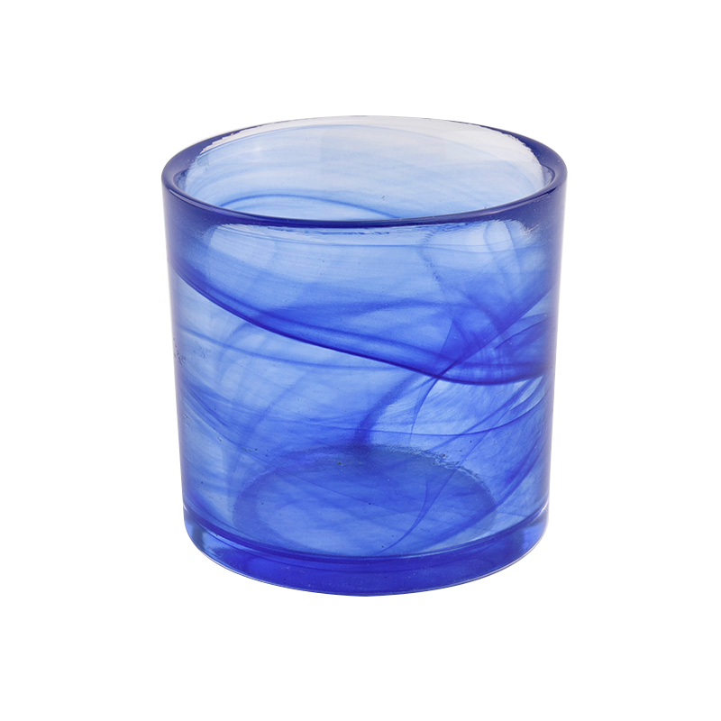 blue colored glass candle holders with cloudy effect