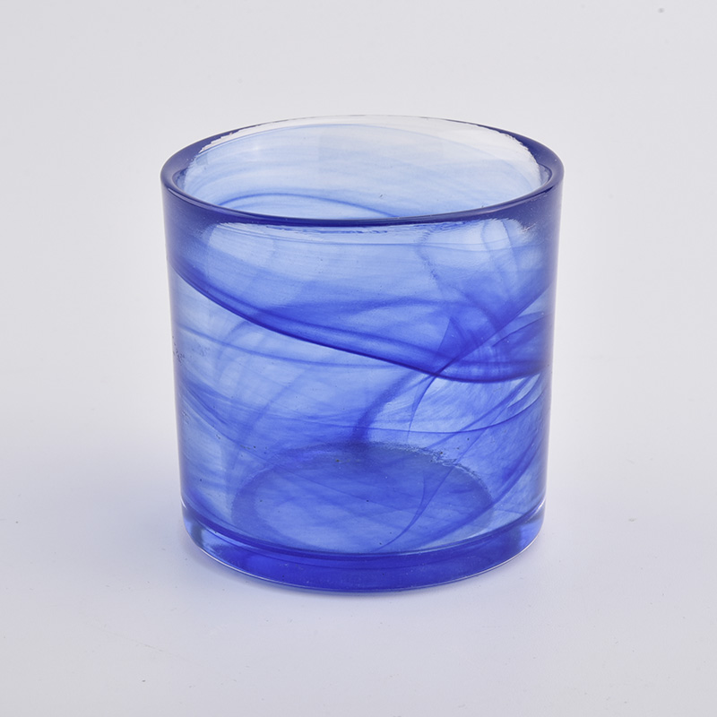 blue colored glass candle holders with cloudy effect