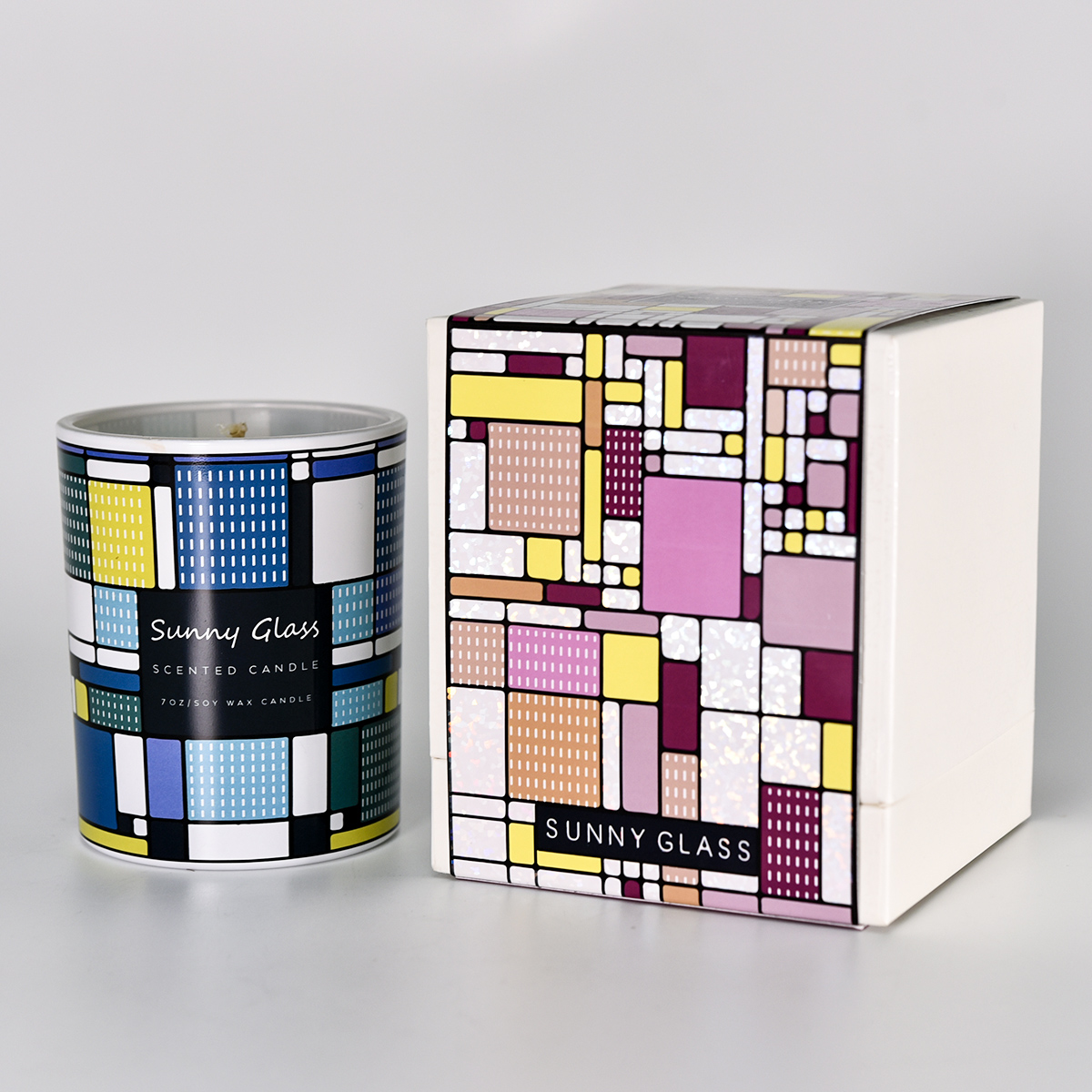 luxury glass candle jar with colorful grid pattern