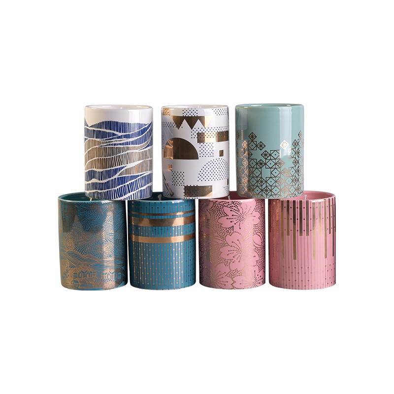 11oz golden decal cylinder ceramic candle vessels wholesale
