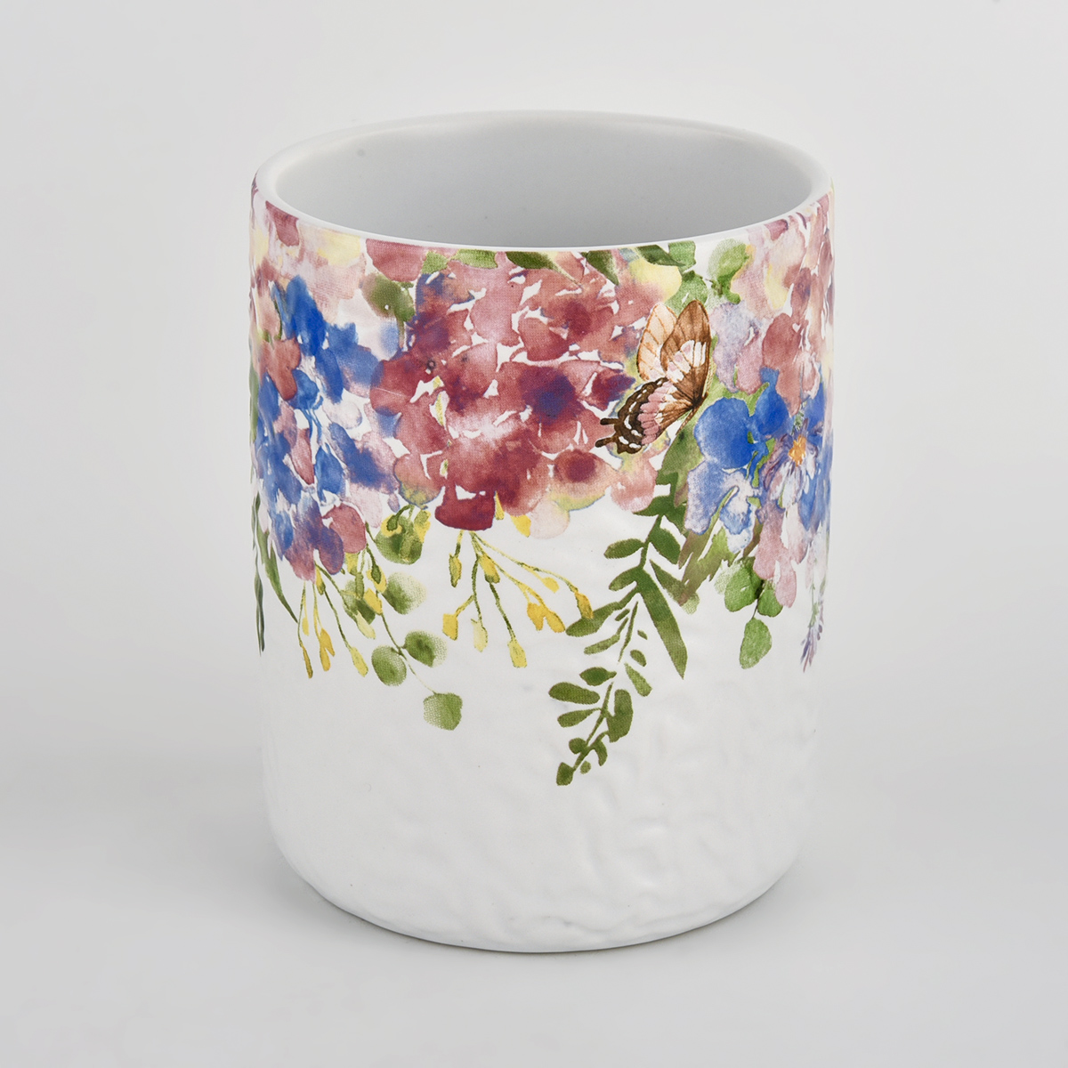 white ceramic vessel with colorful print for Spring Summer