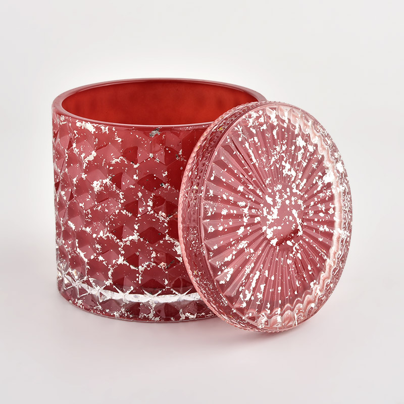 Red color for Christmas glass woven pattern jar with lid and Silver Metallic paint splatters